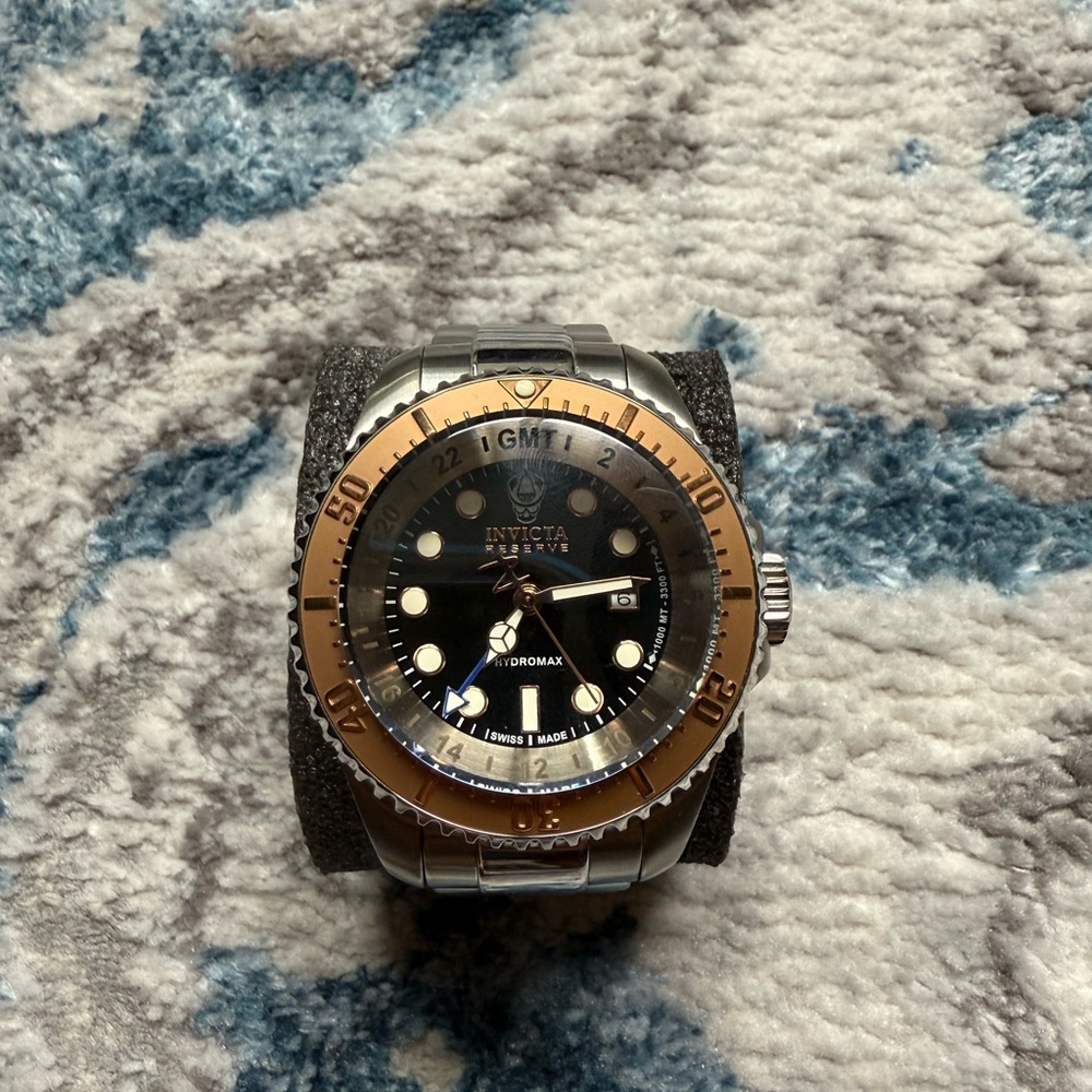 Invicta GMT Watch with Gold Bezel and Silver Band Divers Watch